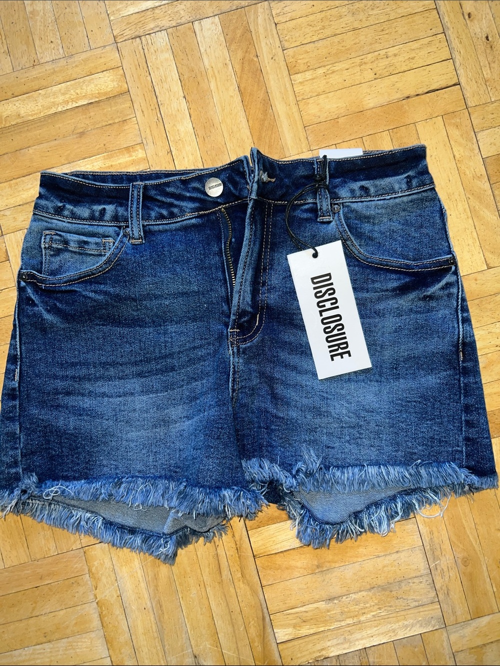 Disclosure Dark Wash Frayed Hem Denim Shorts